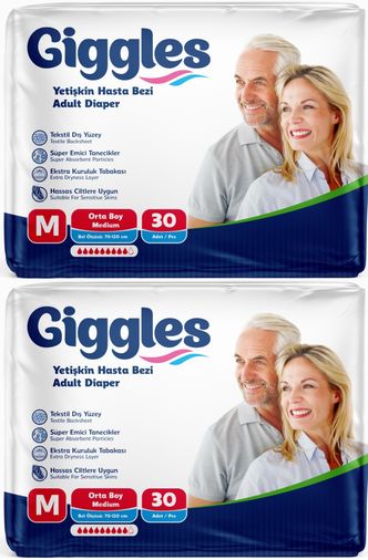 Giggles Yetişkin Bezi Bel Bantlı Tekstil Yüzey Orta - Medium (M) 60 Adet (2PK*30)