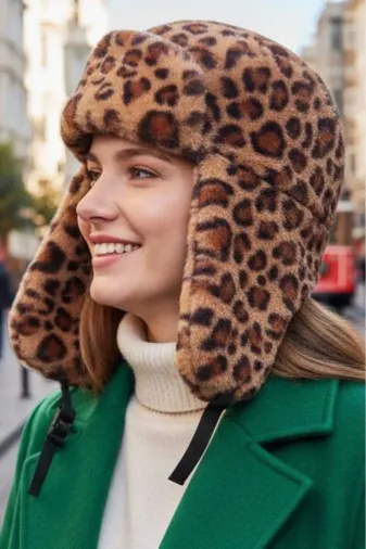 GKM-4482 Kadın Leopar Desenli Peluş Kalpak Pilot Şapka