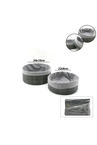 Gri 2 Boy Yuvarlak Bambu Kenar Organizer Sepet Ahşap Altlık - Bezli ÇAP=22X24CM