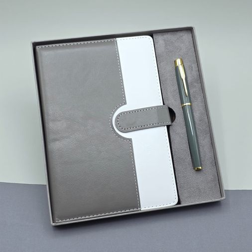 Gri Kutulu Deri Defter Roller Kalem Set