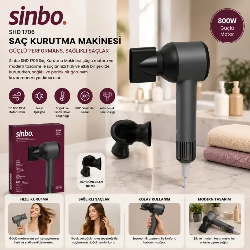 Gri Saç Kurutma Makinesi 110.000 Rpm Sessiz Çalışma - 3 Hız - Sıcaklık Ayar SHD-1755