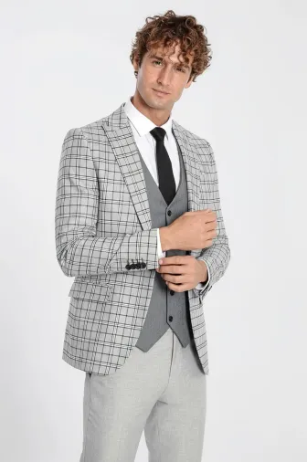 Gri Yelekli Slim Fit Ekose Açık Gri Erkek Takım Elbise - Wessi