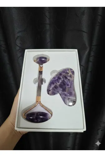 güleçdoğaltaş 166ametistguasharoller Doğal Ametist Taşı Gua Sha Ve Jade Roller Yüz Masaj Seti