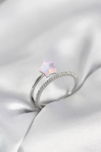 Gümüş Renk Zirkon Taşlı Pembe Halley Model Kadın Yüzük TJ-BYK4039