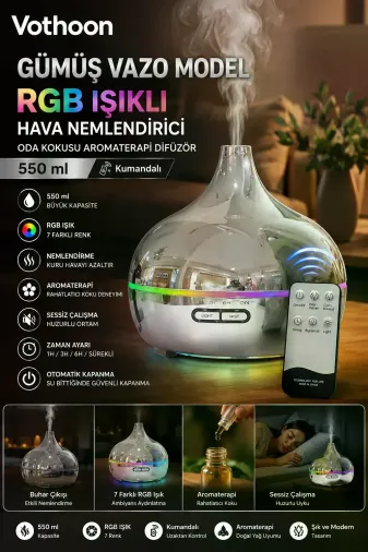 Gümüş Vazo Model RGB Işıklı Hava Nemlendirici &amp; Aromaterapi Difüzör – 550 ml Kumandalı