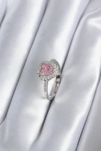 Hafk HFK-MMEYEB657af992b5fb68001c06a125 Mey İthalat® Pirinç Gümüş Renk Pembe Zirkon Taş Kalp Charm Model Kadın Yüzük