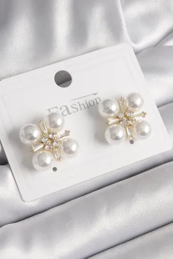 Hafk HFK-MMEYEB677e63cecee90f723101b027 Mey İthalat® Pirinç Gold Renk Zirkon Taşlı İncili Kadın Küpe