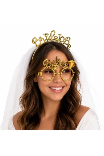 Hafk HFK-MMEYSMRSMRD345-A Mey İthalat® Bride To Be Gold Taç Ve Parti Gözlüğü Seti