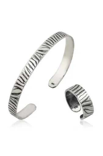 Harem Altın BR0460719 Gümüş Zebra Desenli Bileklik Ve Yüzük Set