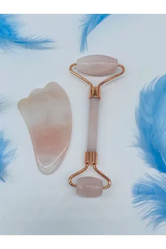 Haremi PRA-7405379-2655 Doğal Taş Pembe Kuvars Kaz Ayaklı Roler Gua Sha Masaj Seti