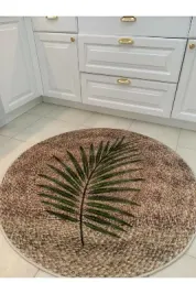 Hasır Jüt Görünümlü Yaprak Motif Lateks Kaymaz Taban Balkon Veteras Yuvarlak Halı