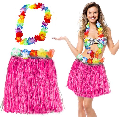 Hawaii Luau ha Pembe Püsküllü 40 cm Etek ve Hawaii Kolye Seti