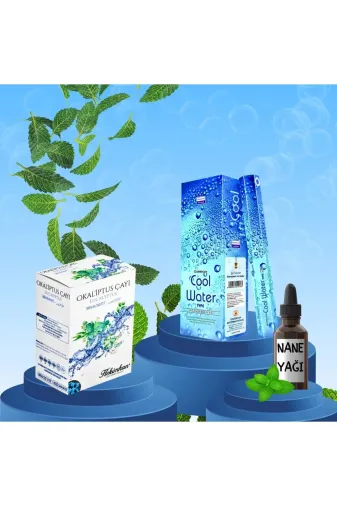 hekimhan bitkisel carewater Ferah Ortam Seti Cool Water Tütsü 20 Çubuk + Okaliptüs Küp Çay + Nane Yağı 20 Ml