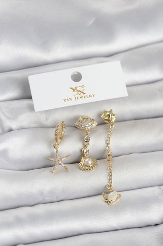 Hobibahçem BKP11703-BLNC Pirinç Gold Renk Zirkon Taşlı Deniz Temalı 3& 39Lü Kadın Küpe Altın