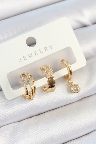 Hobibahçem MEYEB685fc64962709e524201235a-BLMY Mey İthalat Pirinç Zirkon Taşlı Halka Model Gold Renk 3'lü Çift Kadın Küpe Set Çok Renkli