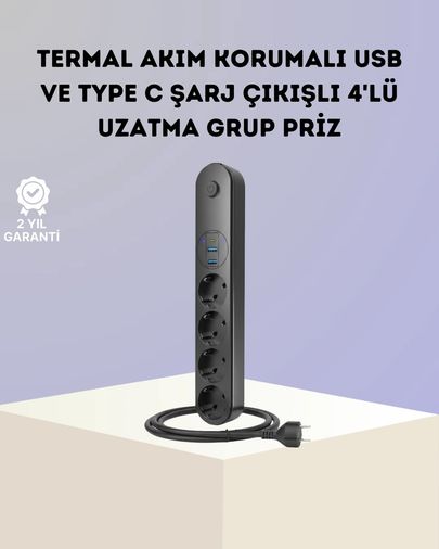 Hobibahçem MEYTDUCZZZ3402PRİZ-1-BLMY Mey İthalat Akım Korumalı Çoklu Priz 4 Lü 2 Usb 1 Type-C 2500W Güçlü Tasarım 0-2