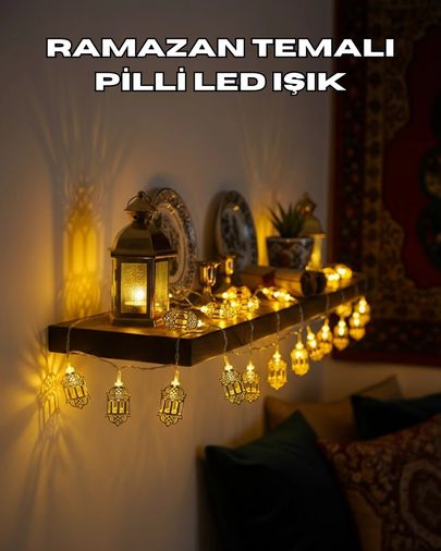 Hobibahçem MEYTDUCZZZFENERRAMAZANLEDIŞIK-4-BLMY Mey İthalat Pilli Altın Fenerli Ramazan Işıkları Dekoratif Led Zincir Çok Renkli