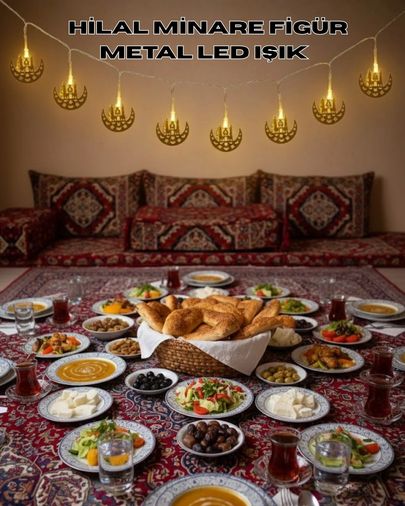 Hobibahçem MEYTDUCZZZMİNARERAMAZANLEDIŞIK-4-BLMY Mey İthalat Pilli Minareli Hilal Led Işık Gold Metal Ramazan Dekorasyonu Çok Renkli