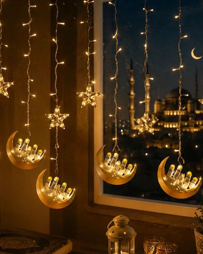 Hobibahçem MEYTDXXUCZZZRAMAZANLEDİ-1-BLMY Mey İthalat Hilal Yıldız Led Ramazan Işığı 3 Metre Dekoratif Perde Aydınlatması Çok Renkli