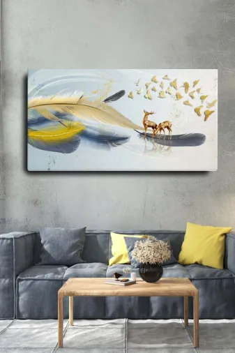HOMEARTHS HOMEARTHSKANVASTABLO00305 Dekoratif Soyut Altın Geyikli Tüy Sürreal Kanvas Duvar Tablosu 120X60Cm