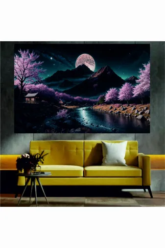 HOMEARTHS SKDT2500015 Dağ Ve Nehir Manzaralı Sanatsal Dekoratif Duvar Tablosu