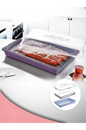 House Kitchen HOUSEK-00098 Dikdörtgen Kilitli Pasta Börek Borcam Taşıma Ve Saklama Kabı Çok Amaçlı Gıda Taşıyıcı 35Cm