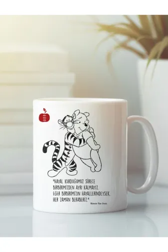 HRS GKNEW385 Beyaz Porselen Kupa Bardak Winnie The Pooh Aşk Dostluk Arkadaşlık Kardeşlik Sevgi