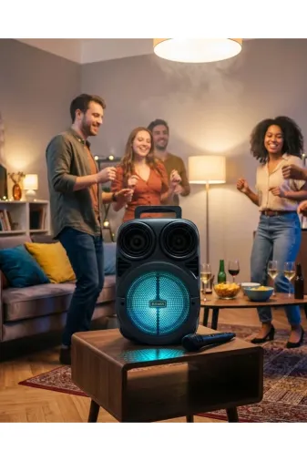 Hsc bilişim klt8912733566185 Bluetooth Taşınabilir Karaoke Hoparlör 6.5 İnç Mikrofonlu Rgb Işıklı Usb Tf Kart Destekli