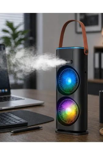 Hsc bilişim klt8912733752304 Çift Başlıklı Taşınabilir Fan Rgb Işıklı Sprey Nemlendiricili Masaüstü Serinletici Fan