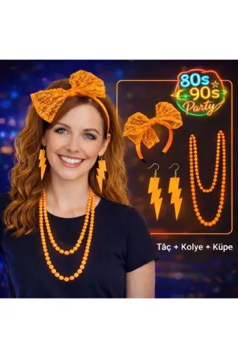 Hsc bilişim mptSM20SM16SMRG138G139G140-T 80’Ler 90’Lar Neon Turuncu Parti Seti – Kolye Küpe Taç