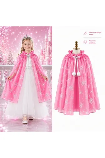Hsc bilişim mptSM20SM16SMRX26ADS Kar Tanesi Desenli Pembe Elsa Pelerini - Astarlı Frozen Pelerini 85 Cm
