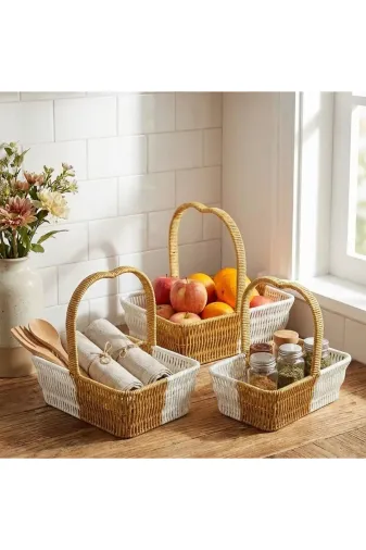 İç İçe Geçebilen 3’lü Çift Renkli Dikdörtgen Formlu Kalp Saplı Plastik Rattan Sepet Seti – Hasır Gör