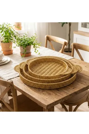 ® İç İçe Geçebilen 3’lü Yuvarlak Plastik Rattan Tepsi Seti–Hasır Görü