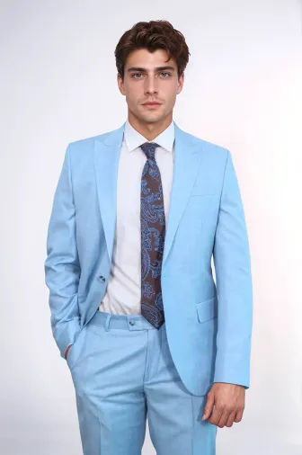 İki Parça Slim Fit Tek Düğmeli Açık Mavi Erkek Takım Elbise - Wessi
