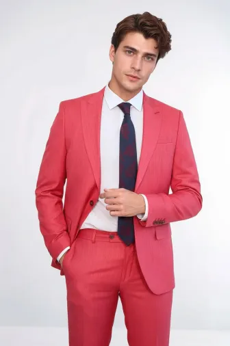 İki Parça Slim Fit Tek Düğmeli Mercan Kırmızısı Erkek Takım Elbise - Wessi