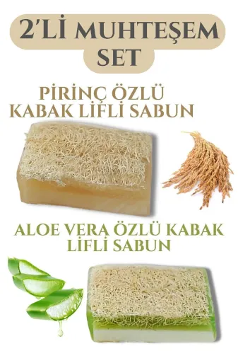 IKT aloeverapirinç Dekoratif Hediyelik Doğal Pirinç Özlü Aloe Veralı Kabak Lifli Vücut Bakım Sabunu 2 Li Set