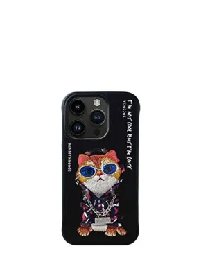iPhone 15 Pro Max Uyumlu 3D Gözlük Zincir Hipster Kedi Nakış İşlemeli Kabartmalı Cool Glasses Kılıf