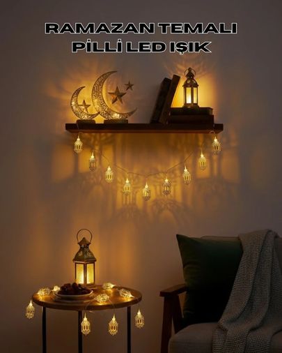 just cheap store 25DYMUCZZZFENERRAMAZANLEDIŞIK-2 Altın Fener Detaylı Pilli Ramazan Led Işık Ev Dekorasyonu Açık Mavi
