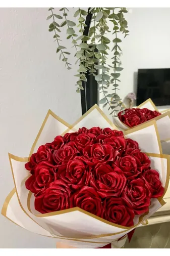 JUST DREAM KIRMIZISOLMAYANGÜL20Lİ Saten Kurdele Solmayan Gül Buketi (İsteme Çiçeği, Sevgiliye Hediye)