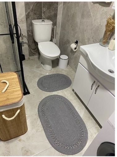 Jüt Hasır 2li Banyo Seti Paspas Takımı-Gri Trikotlu