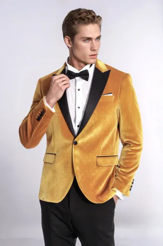 Kadife Slim Fit Sarı Erkek Smokin Ceket - Wessi