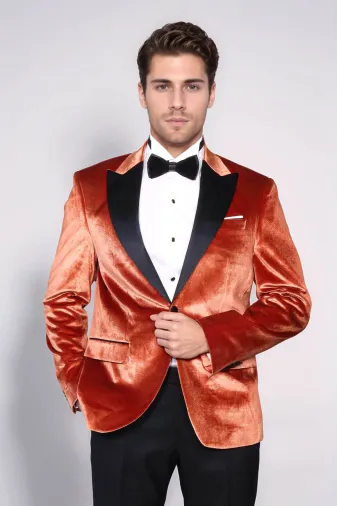 Kadife Slim Fit Tek Düğmeli Taba Erkek Balo Ceket - Wessi