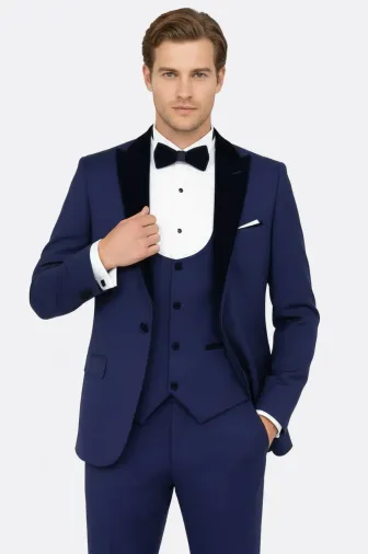 Kadife Yaka Slim Fit Mavi Erkek Damatlık - Wessi