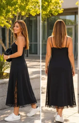 Kadın Askılı Dantel Detaylı Uzun Viskon Elbise - 2XL-3XL - Siyah