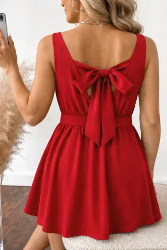 Kadın Askılı Kruvaze Yakalı Arkası Fiyonk Detaylı Kısa Janjan Krep Elbise - 2XL-3XL - Kırmızı