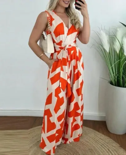 Kadın Askılı Kruvaze Yakalı Belden Kuşaklı Uzun Desenli Süprem Tulum - 2XL-3XL - Turuncu