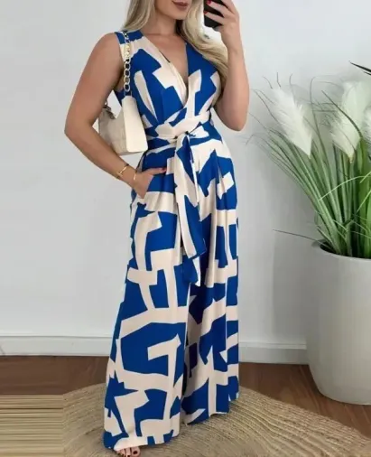 Kadın Askılı Kruvaze Yakalı Belden Kuşaklı Uzun Desenli Süprem Tulum - 2XL-3XL - Mavi