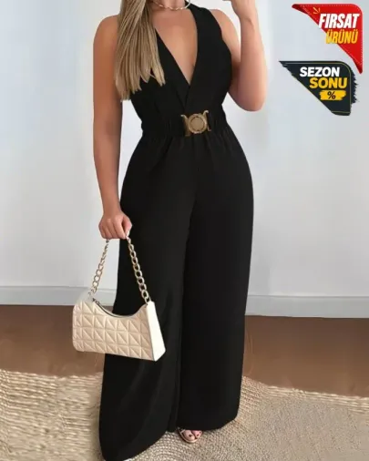 Kadın Askılı Kruvaze Yakalı Belinde Kemer Detaylı Uzun Ithal Krep Tulum - 2XL-3XL - Siyah