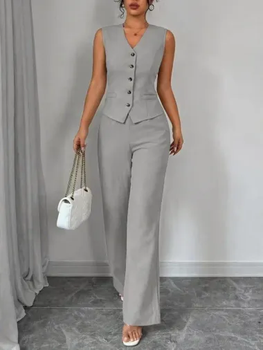 Kadın Askılı önden Düğmeli Bluz Ve Pantolon Keten Ikili Takım - XL - Gri