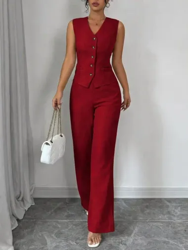 Kadın Askılı önden Düğmeli Bluz Ve Pantolon Keten Ikili Takım - XL - Kırmızı